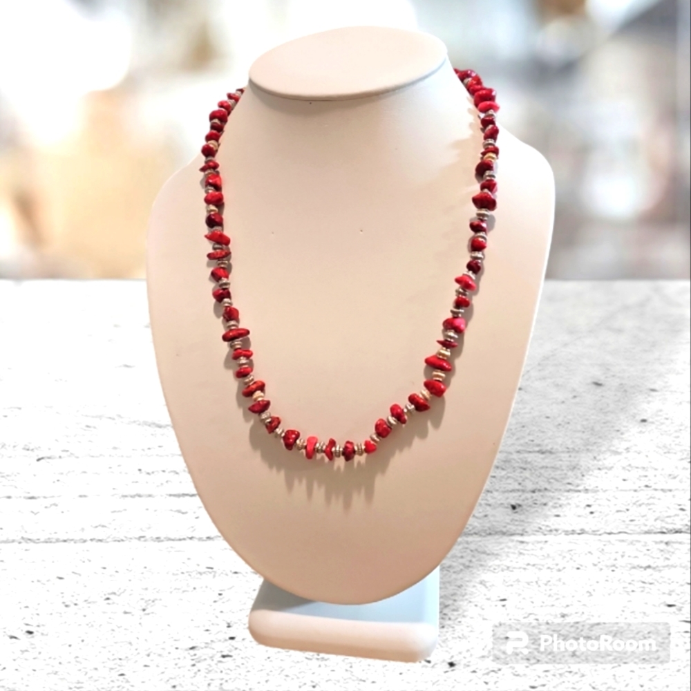 Rare Vintage Irregular Natural Red Coral  Sterling Silver Navajo Necklace